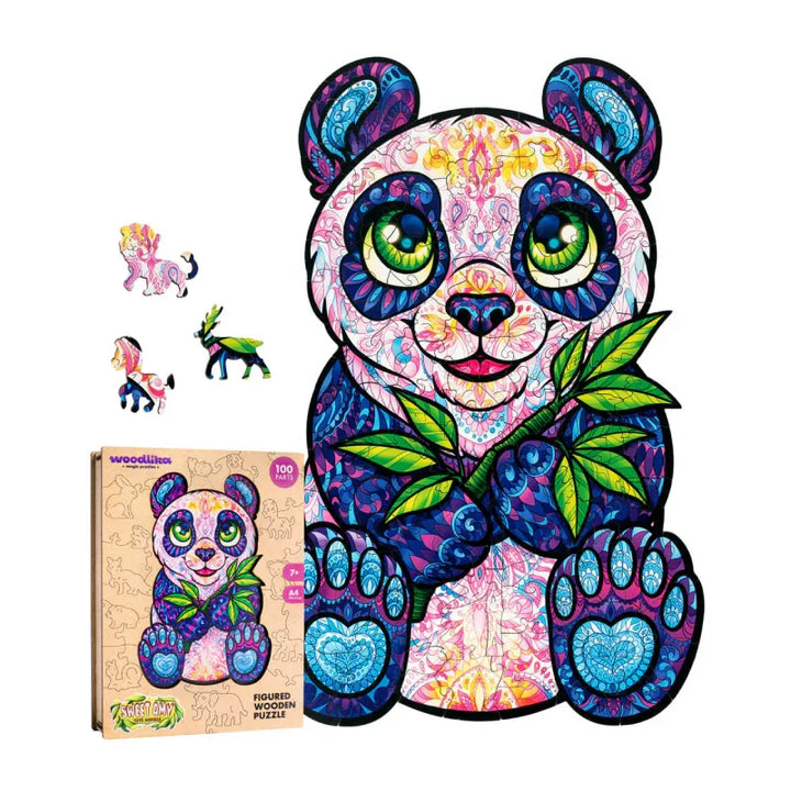 Buntes Panda Holzpuzzle mit 100 Teilen, detailreich, Motiv mit Bambus, Verpackung links