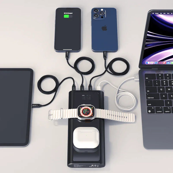 Multifunktionale Powerbank lädt Smartphone, Smartwatch, Kopfhörer, Tablet und Laptop gleichzeitig.