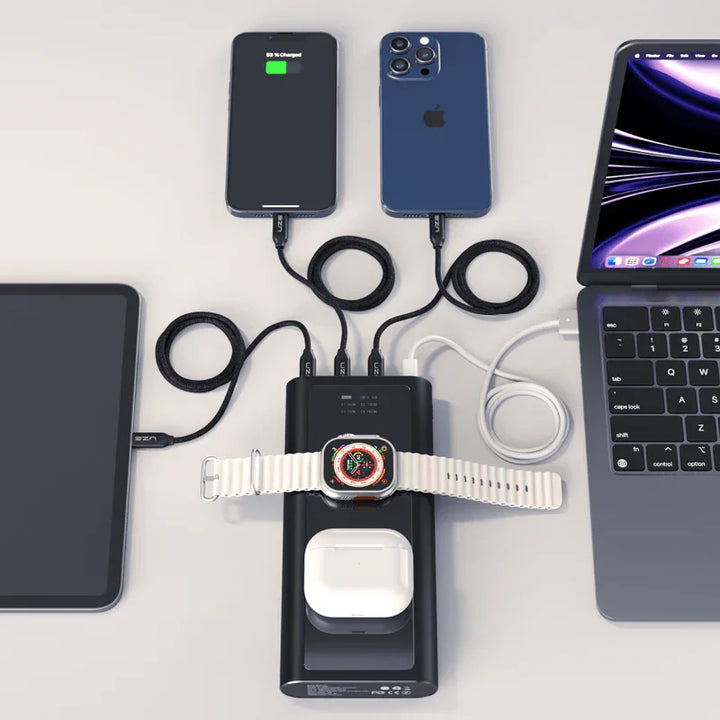 Multifunktionale Powerbank lädt Smartphone, Smartwatch, Kopfhörer, Tablet und Laptop gleichzeitig.