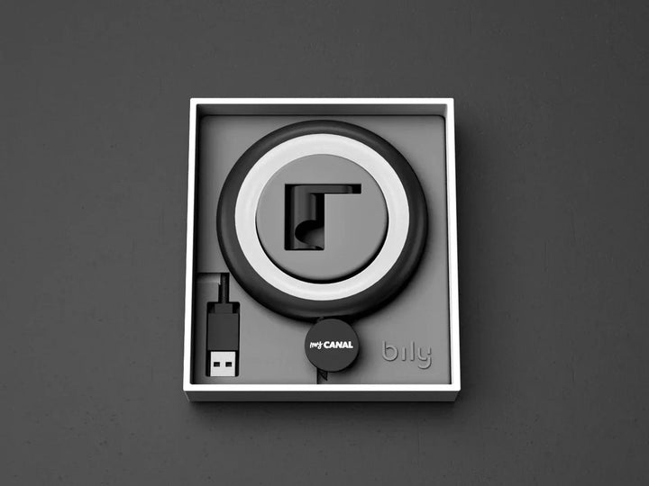 Billy LED Ringlampe mit USB-Kabel und myCANAL Button in schwarzer Verpackung, Produktset