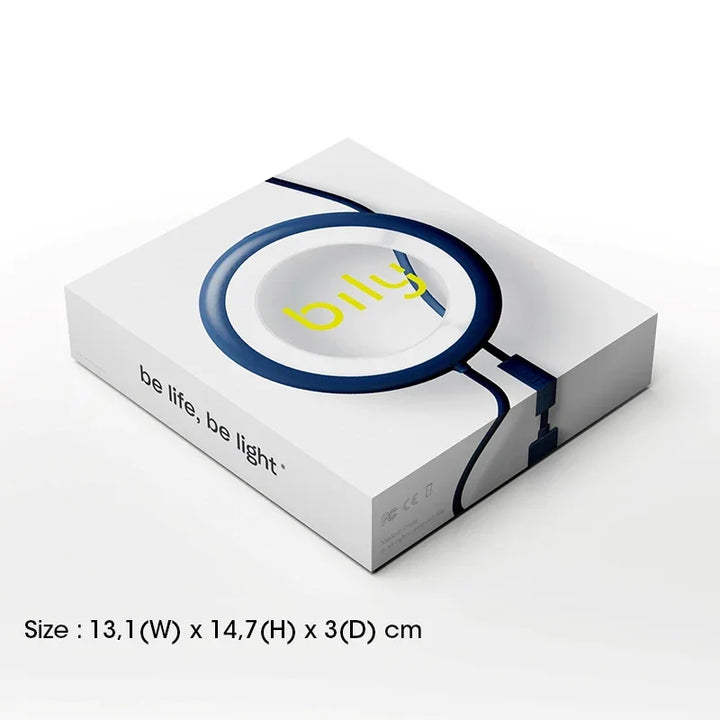 Billy Lampe Verpackung, weiß-blaues Design, Produktbox mit Slogan und Größenangabe