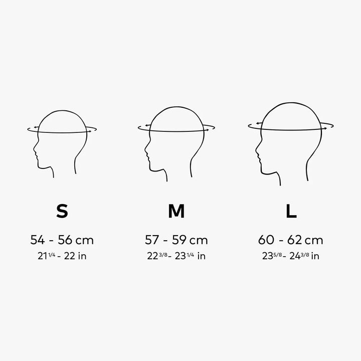 Helmgrößentabelle mit Kopfzeichnungen und Größen S, M, L, Maße in cm und Zoll.