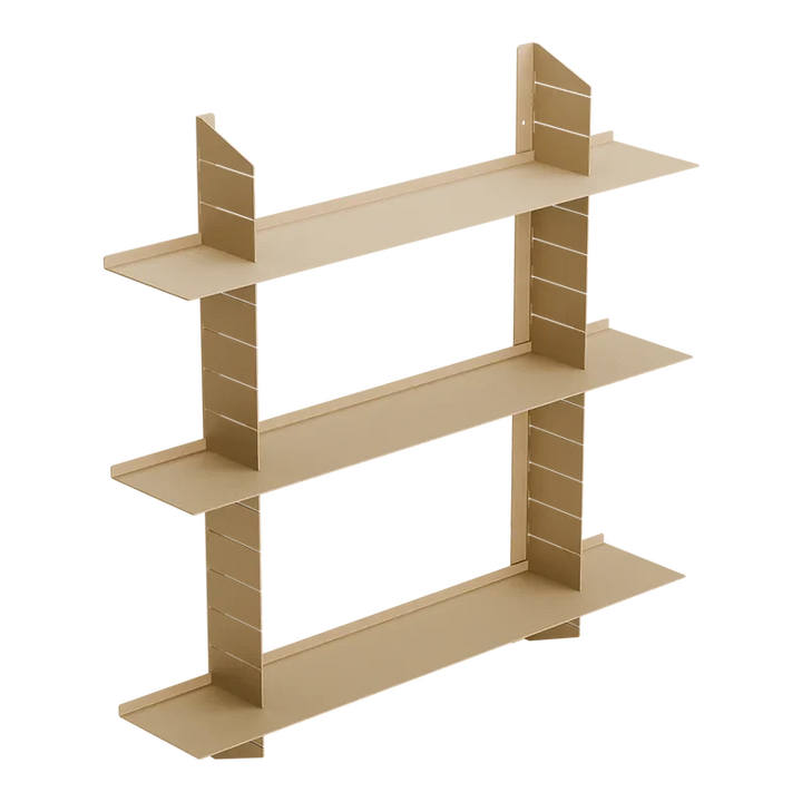 Modernes, offenes Regal aus beigem Karton mit drei Ebenen, minimalistisches Design