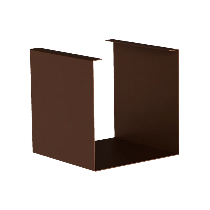 Brauner, moderner Holzlager-Regalwürfel aus Metall, minimalistisch, freistehend