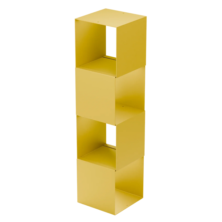 Gelbes, modernes Regalmodul aus Metall, offen, stapelbar, minimalistisches Design