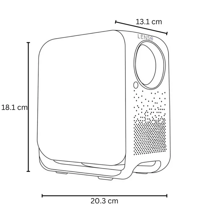 Technische Zeichnung des Lenso Solar Projektors mit Maßen 18,1 x 20,3 x 13,1 cm