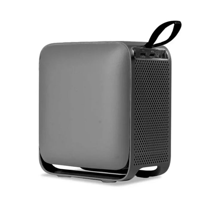Grauer tragbarer Luftreiniger mit Griff und seitlichem Lüftungsgitter, modernes Design