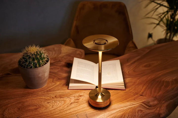 Goldene Luxus Tischlampe auf Holztisch mit Buch und Kaktus im modernen Wohnzimmer