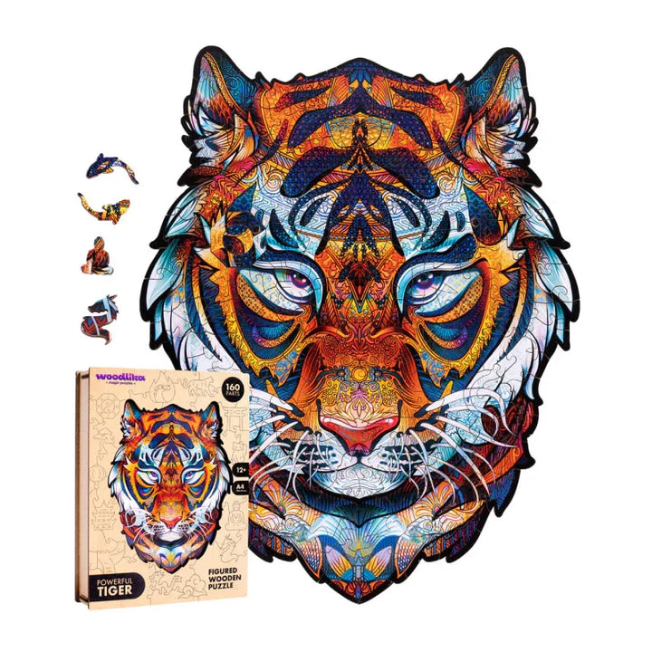 Farbenfrohes Tiger-Puzzle mit lebendigen Kunstwerken, das neben der Verpackung ausgestellt ist und sein einzigartiges Design zur Schau stellt.