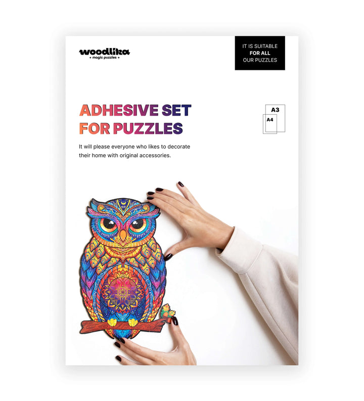 Woodlika Montageset mit bunter Eulen-Puzzle und Händen, geeignet für A3 und A4 Puzzles.