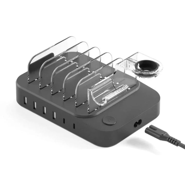 Schwarze Moovy 6-in-1 Power Station Ladestation mit transparenter Gerätehalterung und USB-Ports