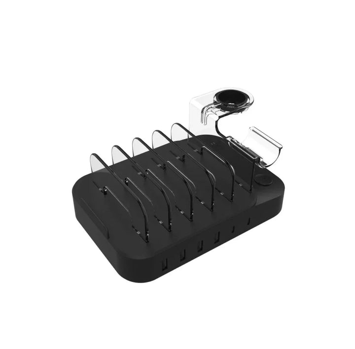 Moovy 6-in-1 Power Station Ladestation in Schwarz mit mehreren USB-Anschlüssen und Gerätehaltern