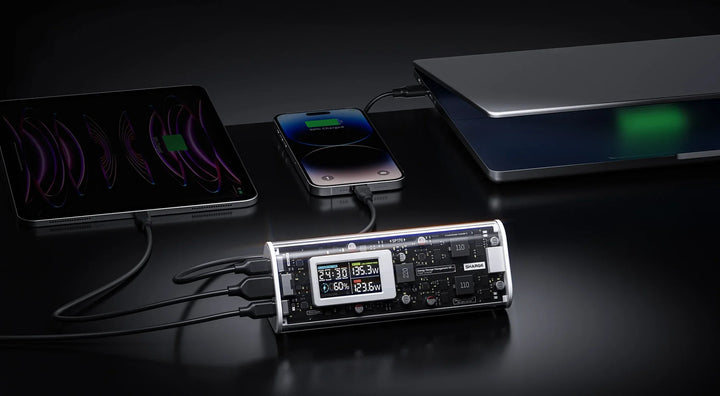 Ein Ladehub, der mit einem Tablet, Telefon oder Laptop verbunden ist und auf seinem Bildschirm Statistiken zur Energieverwaltung anzeigt.