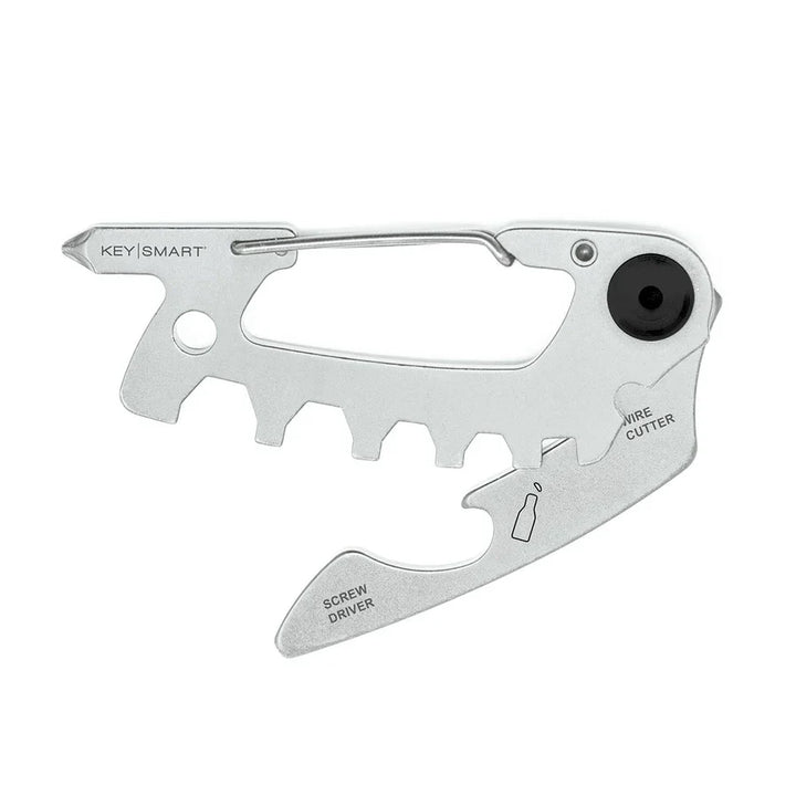 Allzweck-Tool KeySmart Raptor, silbernes Multifunktionswerkzeug mit Drahtschneider, Schraubendreher und Flaschenöffner auf weißem Hintergrund