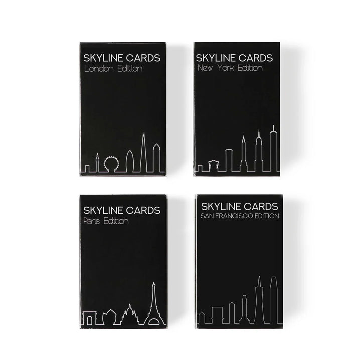 Vier Skyline Cards Kartenspiele mit Stadt-Silhouetten: London, New York, Paris, San Francisco