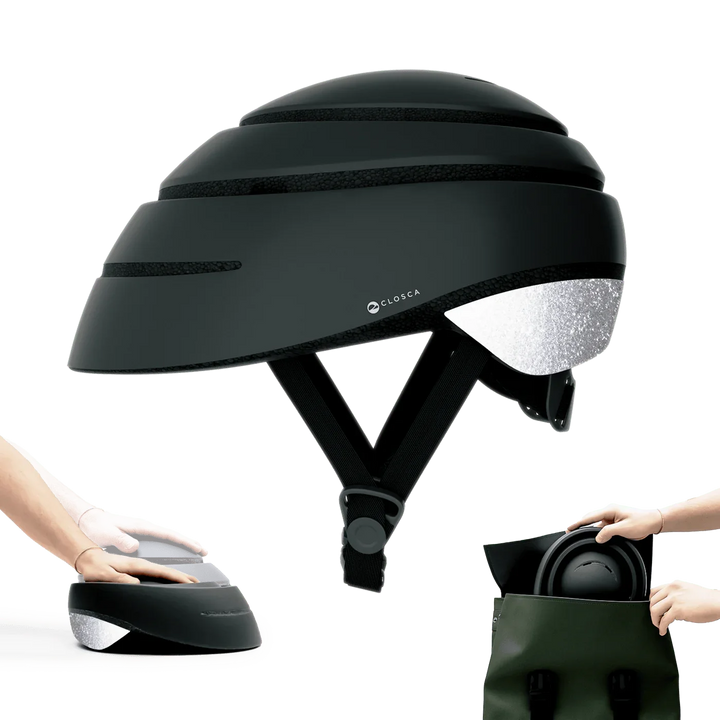 Schwarzer Closca Fahrradhelm reflektierend, zusammenklappbar, in Tasche verstaut