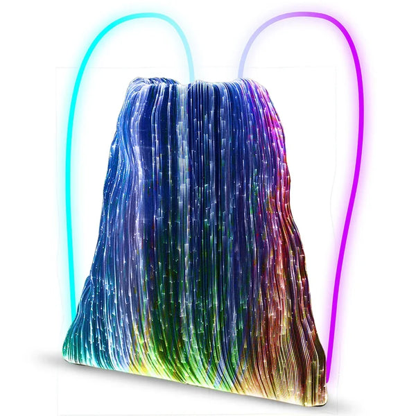 LED-Rucksack mit buntem Fiberoptik-Design, leuchtende Farben, weißer Hintergrund