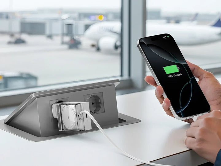Einziehbares Ladegerät lädt Smartphone am Flughafen am Fensterplatz