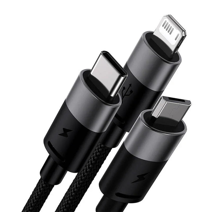 Schwarzes 3in1 USB Kabel Baseus StarSpeed, USB-C, Micro-USB, Lightning Stecker, 1,2m, geflochten