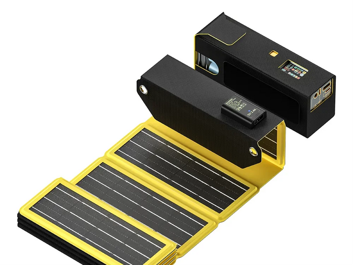 Faltbares Solarladegerät im gelb-schwarzen Design mit Solarmodulen und einem Batteriespeicher für tragbare Energie.