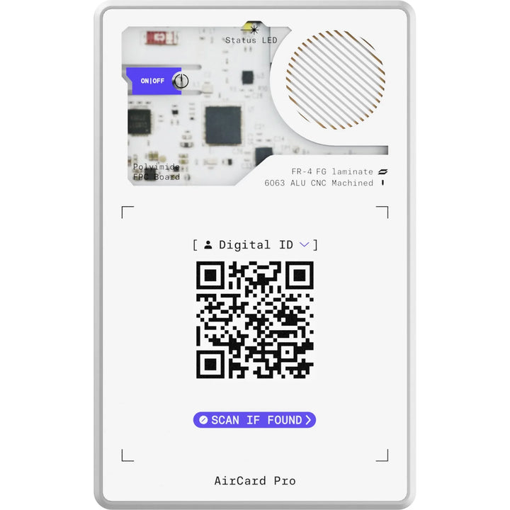 Google AirCard Pro weiß, NFC Digitale ID Karte mit QR-Code, ON/OFF-Schalter und Status-LED