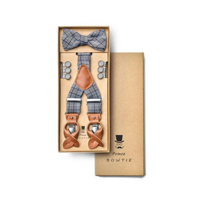 Set mit graukarierter Fliege und Hosenträgern mit braunen Lederdetails in Geschenkbox