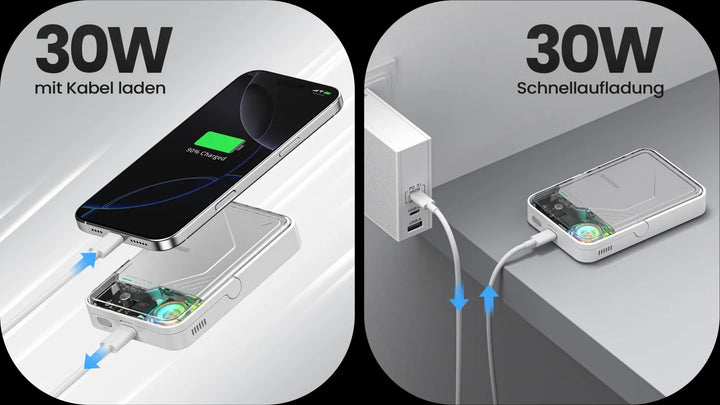 Transparente 30W Powerbank lädt Smartphone per Kabel und wird an Steckdose schnell geladen.