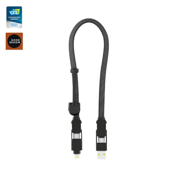 Schwarzes inCharge XL Ladekabel 30cm, geflochten, mit USB und Lightning Stecker, Auszeichnungen sichtbar