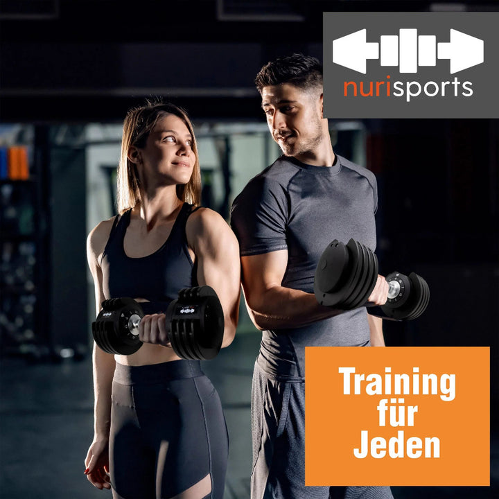 Mann und Frau trainieren mit verstellbaren Hanteln im Fitnessstudio, nurisports Logo, Training für jeden
