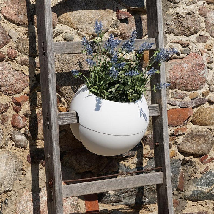 Ein weißer Blumentopf steht auf einer Holzleiter und präsentiert eine moderne und rustikale Dekorkombination.