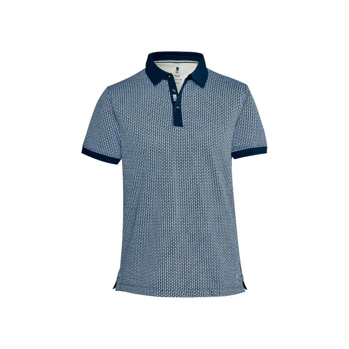 Herren Poloshirt blau gemustert, kurzarm, eleganter Kragen auf weißem Hintergrund