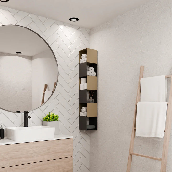 Modernes Badezimmer mit rundem Spiegel, Holzwaschtisch, Handtuchleiter und Wandregal.