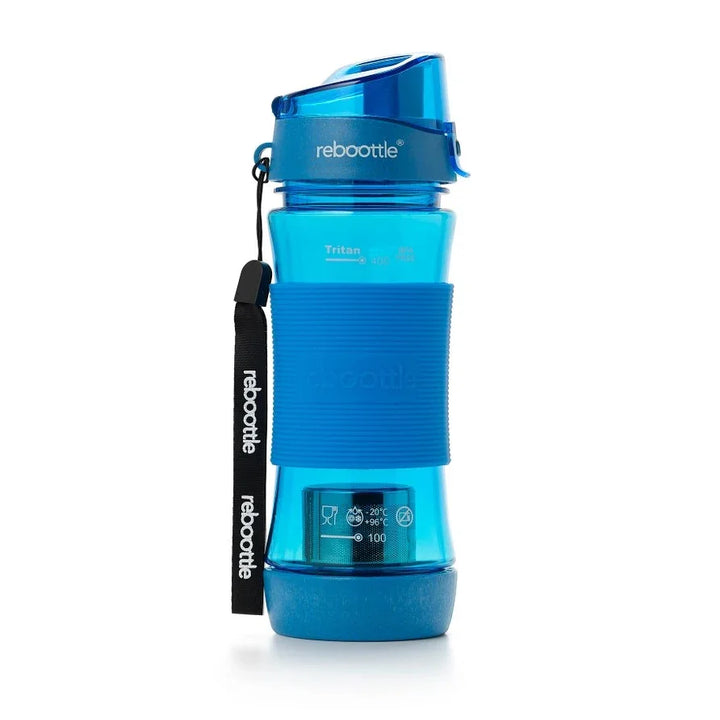 Blaue Trinkflasche aus Tritan mit Griffband und Aufdruck rebootle, Produktfoto vor weißem Hintergrund
