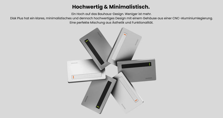 Sechs elegante, minimalistische Festplattenspeichergeräte in kreisförmigem Design, die ihr hochwertiges Aluminiumgehäuse zur Schau stellen.