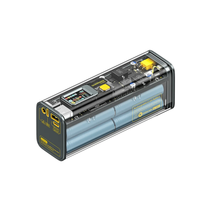 Shargeek 100 Powerbank mit transparentem Gehäuse, sichtbarem LCD-Display und USB-Anschlüssen