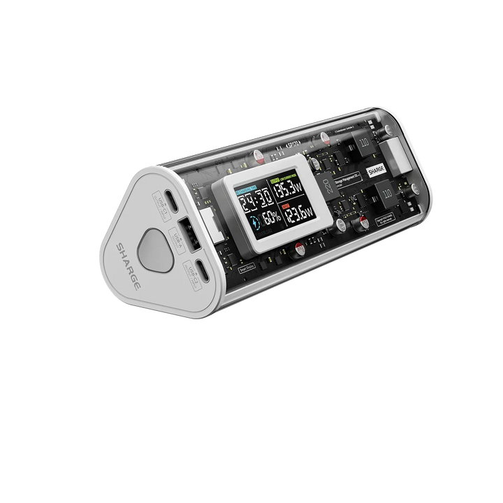 Shargeek 170 Powerbank mit transparentem Gehäuse und Digitalanzeige, USB-Anschlüsse sichtbar