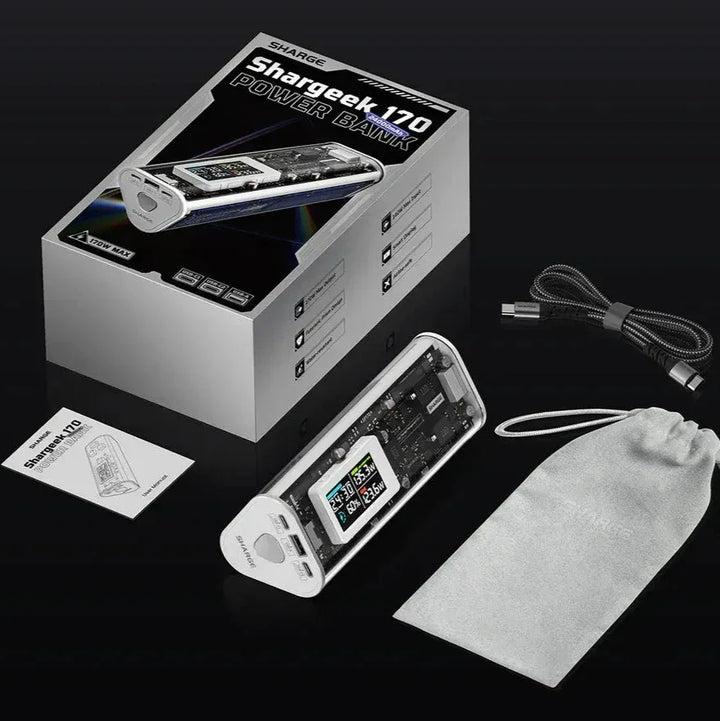 Shargeek 170 Powerbank Set mit transparenter Powerbank, USB-C Kabel, Beutel und Verpackung