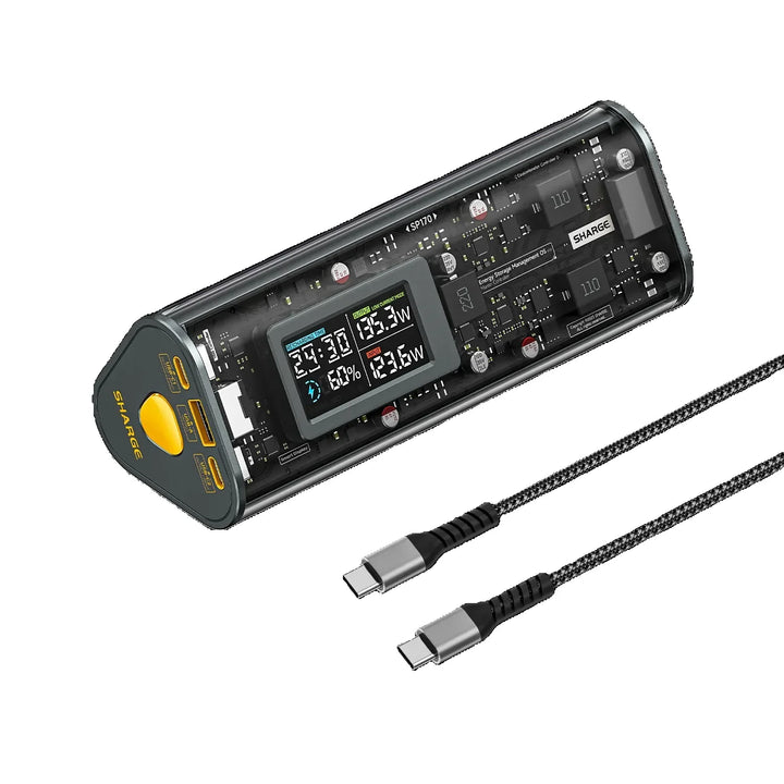 Eine elegante, transparente Powerbank mit Ladestandsanzeige und zwei USB-C-Kabeln. Modernes Design für effizientes Energiemanagement.