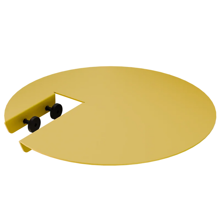 Runder gelber Tischaufsatz mit Ausschnitt und schwarzen Schrauben, modernes Design