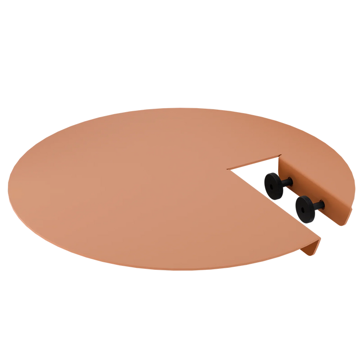 Runder Tischaufsatz in Pfirsichfarbe mit herausnehmbarem Segment und schwarzen Schrauben