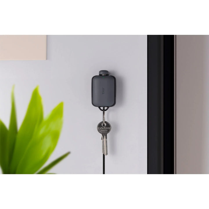 TAU 2 Powerbank als Schlüsselanhänger an der Wand, Pflanzenblatt im Vordergrund.