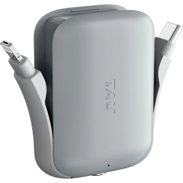 Tau Powerbank grau mit integrierten Kabeln, kompaktes Design, USB-C und Lightning-Anschluss
