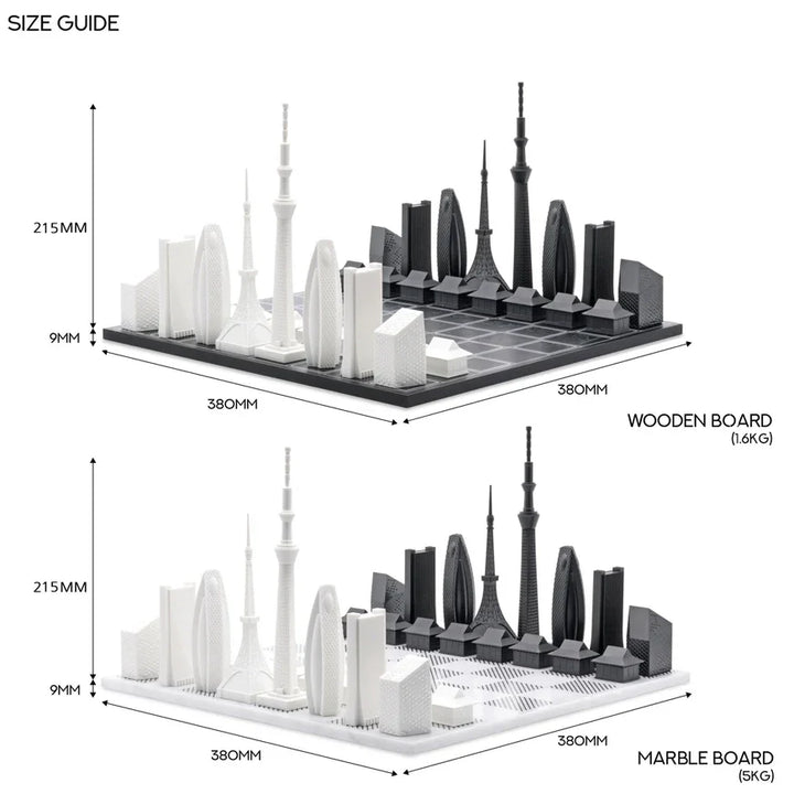 Tokyo Schachbrett Edition aus Holz und Marmor, Skylines als Schachfiguren, Größenangaben