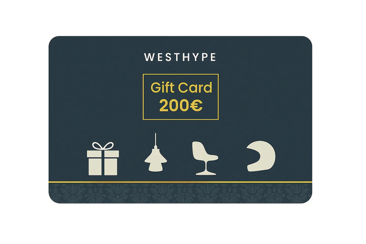 WESTHYPE Geschenkkarte 200 Euro, dunkles Design mit Geschenk-, Lampe-, Stuhl- und Sessel-Icons