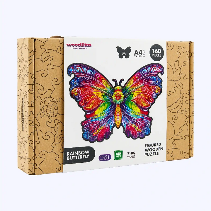 Bunte Puzzlebox aus Holz mit einem leuchtenden Regenbogen-Schmetterlingsmotiv, enthält 160 Teile und ist für Kinder ab 8 Jahren geeignet.