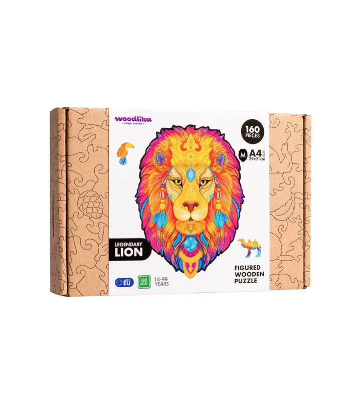 Bunte Schachtel mit einem 160-teiligen Holzpuzzle mit Löwengesicht-Design, geeignet für Kinder ab 14 Jahren.